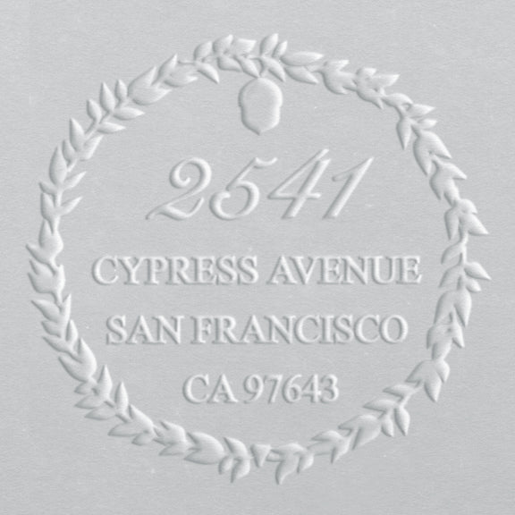 custom address embosser with acorn wreath design